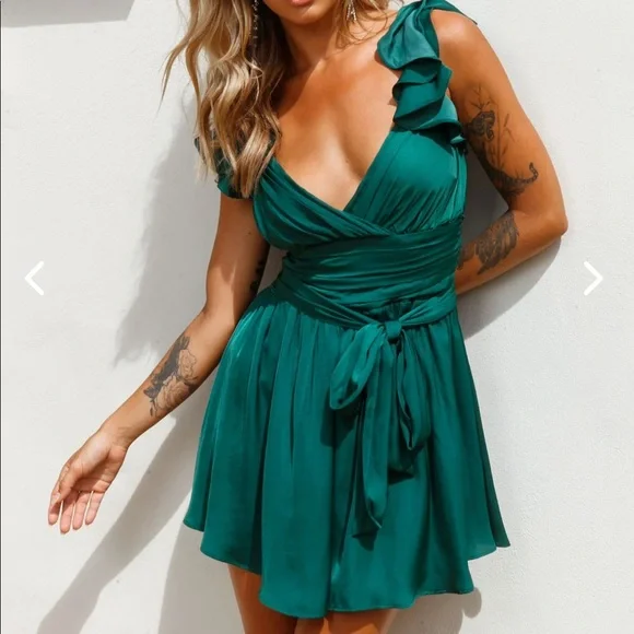 forest green ruched dress Nadia Ruched Fishtail Maxi Dress Green main image 1